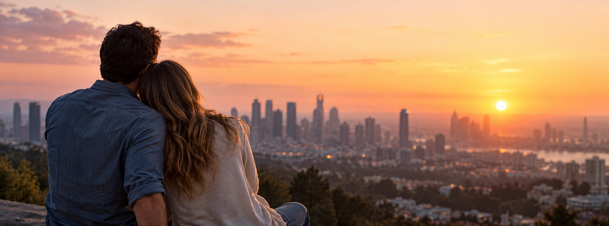 An adult couple sitting together overlooking a city at sunset
